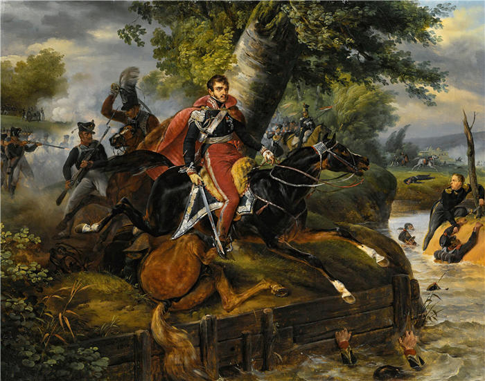 贺拉斯·韦尔内（Horace Vernet，法国画家）高清作品-《波尼亚托夫斯基王子于 1813 年 10 月 19 日逝世 (1816)》