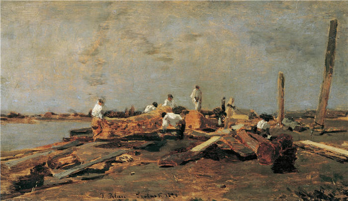 蒂娜·布劳（ Tina Blau，奥地利画家）高清油画作品-《提萨河上的椽子（1874年）》