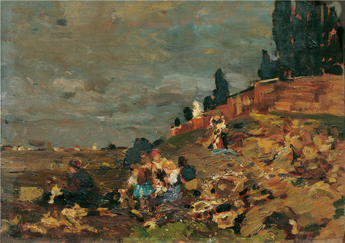 蒂娜·布劳（ Tina Blau，奥地利画家）高清油画作品-《墓地墙上的孩子们（1888年）》