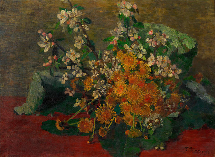 蒂娜·布劳（ Tina Blau，奥地利画家）高清油画作品-《蒲公英和苹果花（1902）》