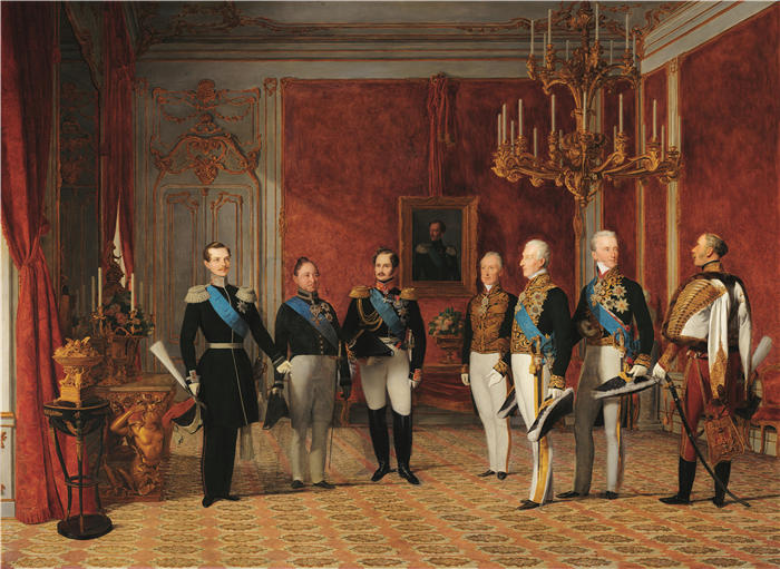 费迪南德·乔治·沃尔德米勒(Ferdinand Georg Waldmuller,奥地利画家)作品–1839 年,梅特涅亲王在维也纳霍夫堡接待了亚历山大·尼古拉耶维奇大公(1839 年)