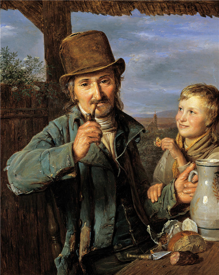 费迪南德·乔治·沃尔德米勒(Ferdinand Georg Waldmuller,奥地利画家)作品–带着儿子的日工(1823)
