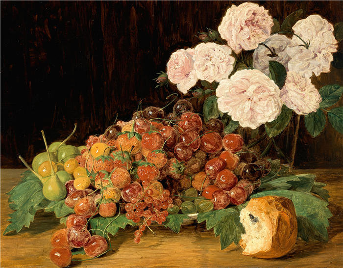 费迪南德·乔治·沃尔德米勒（Ferdinand Georg Waldmuller,奥地利画家）作品–玫瑰、草莓和面包的静物画（1827）