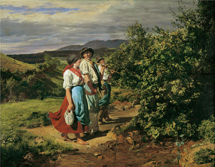 费迪南德·乔治·沃尔德米勒(Ferdinand Georg Waldmuller,奥地利画家)作品–下班归来(十字路口的恋人)(1861)