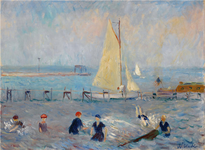 威廉·格拉肯斯（William Glackens，美国画家 ）高清作品-《贝尔波特的六人海景（约 1915 年）》