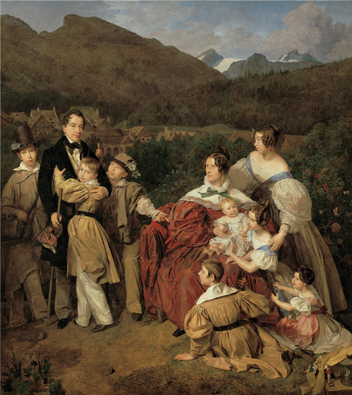 费迪南德·乔治·沃尔德米勒(Ferdinand Georg Waldmuller,奥地利画家)作品–约瑟夫·奥古斯特·埃尔茨博士和他的妻子卡罗琳一家