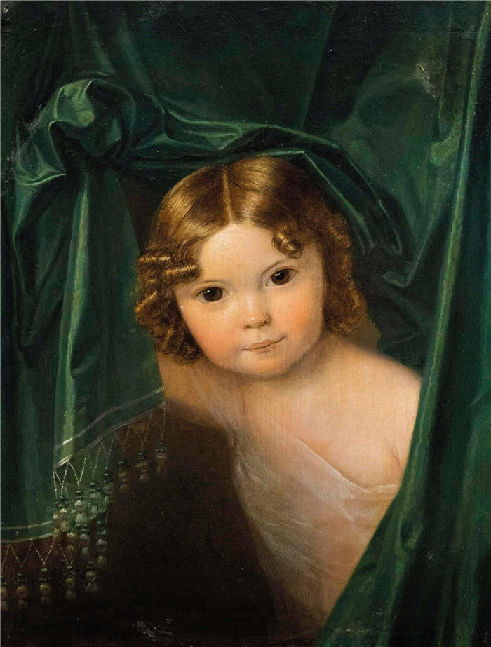 费迪南德·乔治·沃尔德米勒（Ferdinand Georg Waldmuller,奥地利画家）作品–绿色窗帘下的女孩