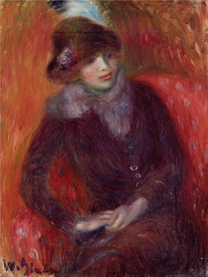 威廉·格拉肯斯（William Glackens，美国画家 ）高清作品-《带毛皮领带和红色背景的坐着的女人（约 1916 年）》