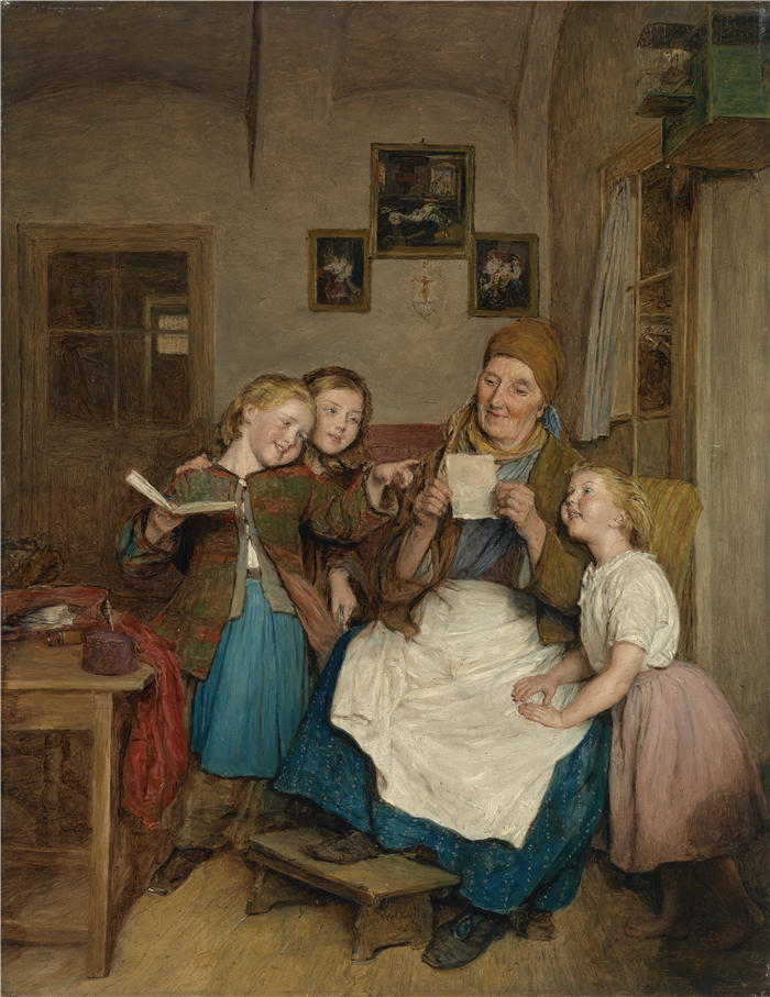 费迪南德·乔治·沃尔德米勒（Ferdinand Georg Waldmuller,奥地利画家）作品–有三个孙子的祖母（1854年）