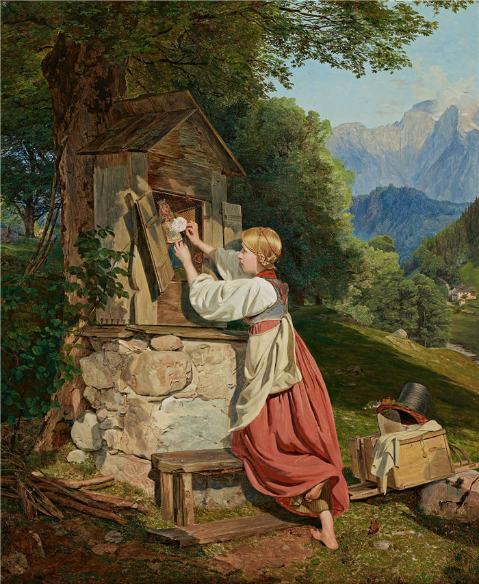 费迪南德·乔治·沃尔德米勒（Ferdinand Georg Waldmuller,奥地利画家）作品–一个女孩用玫瑰装饰上帝的母亲（1836）