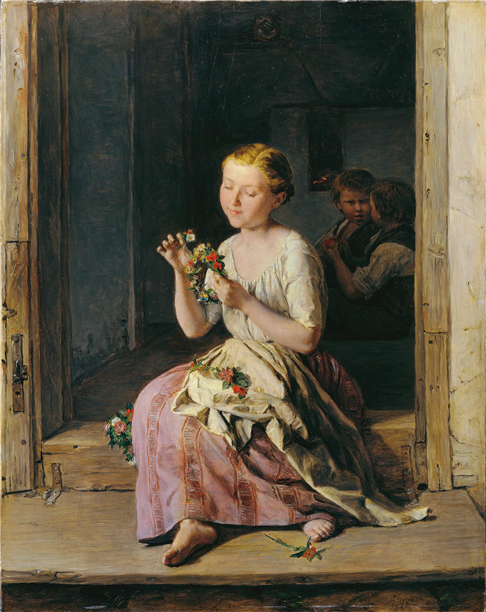 费迪南德·乔治·沃尔德米勒（Ferdinand Georg Waldmuller,奥地利画家）作品–花圈绕线器（1861 年）