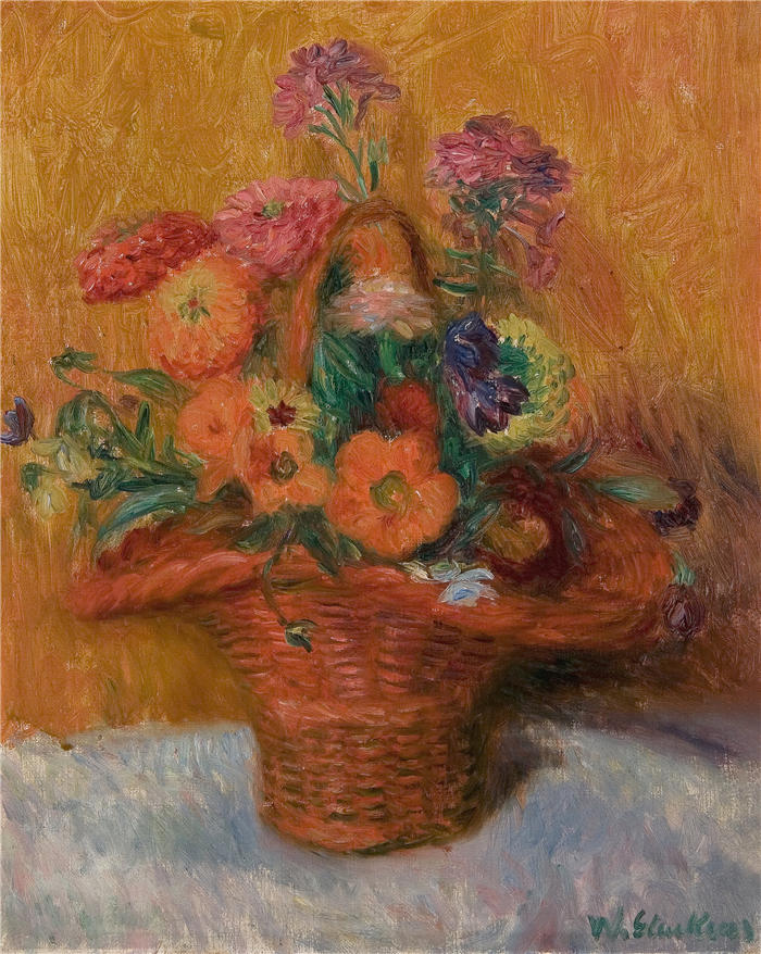 威廉·格拉肯斯（William Glackens，美国画家 ）高清作品-《百日草红篮子（1915）》