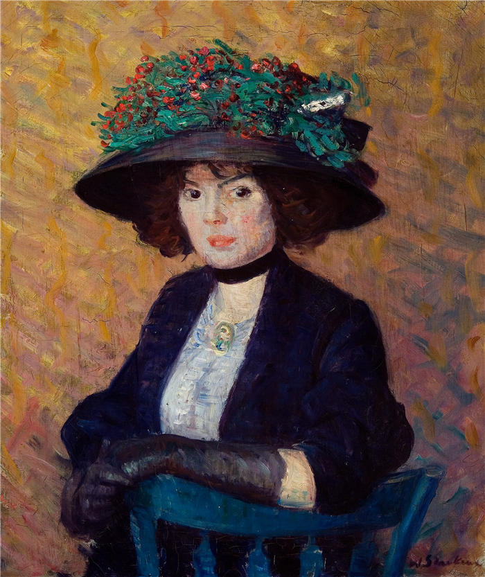 威廉·格拉肯斯（William Glackens，美国画家 ）高清作品-《戴绿帽子的女人（约 1909 年）》