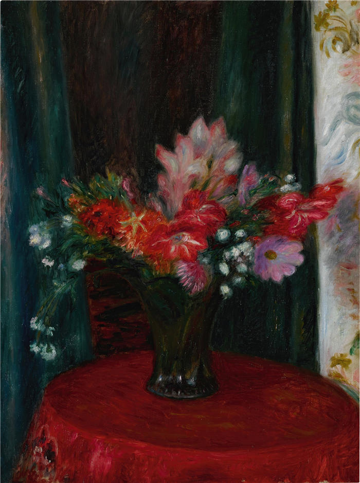 威廉·格拉肯斯（William Glackens，美国画家 ）高清作品-《红色桌布上的花束》