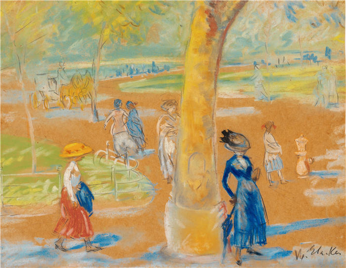 威廉·格拉肯斯（William Glackens，美国画家 ）高清作品-《带雨伞的女人，华盛顿广场（约 1910 年）》