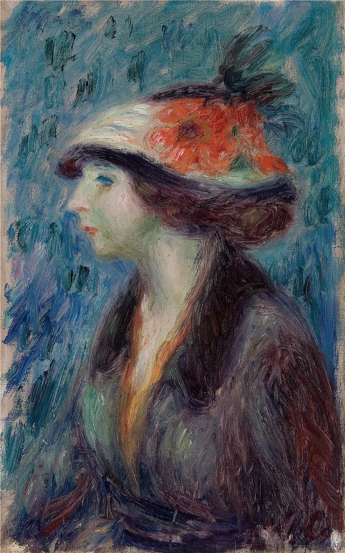 威廉·格拉肯斯（William Glackens，美国画家 ）高清作品-《戴花帽的女孩（约 1913 年）》
