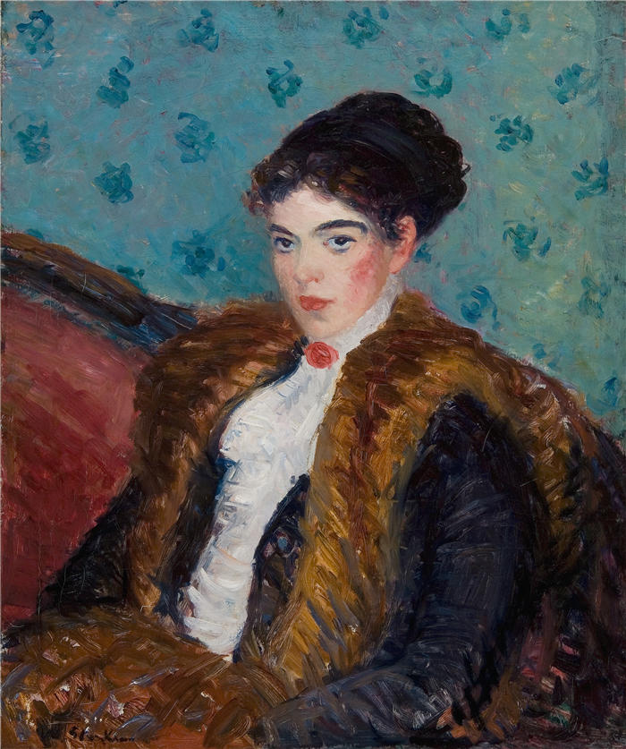 威廉·格拉肯斯（William Glackens，美国画家 ）高清作品-《狐皮女孩（约 1909 年）》