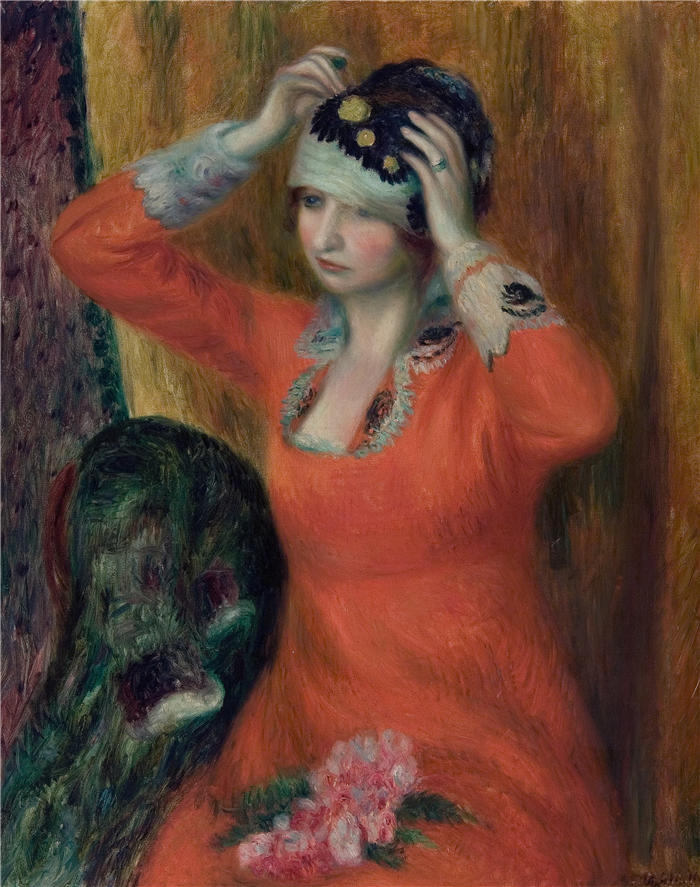 威廉·格拉肯斯（William Glackens，美国画家 ）高清作品-《戴红裙的女孩别在帽子上（c. 1915–1916）》