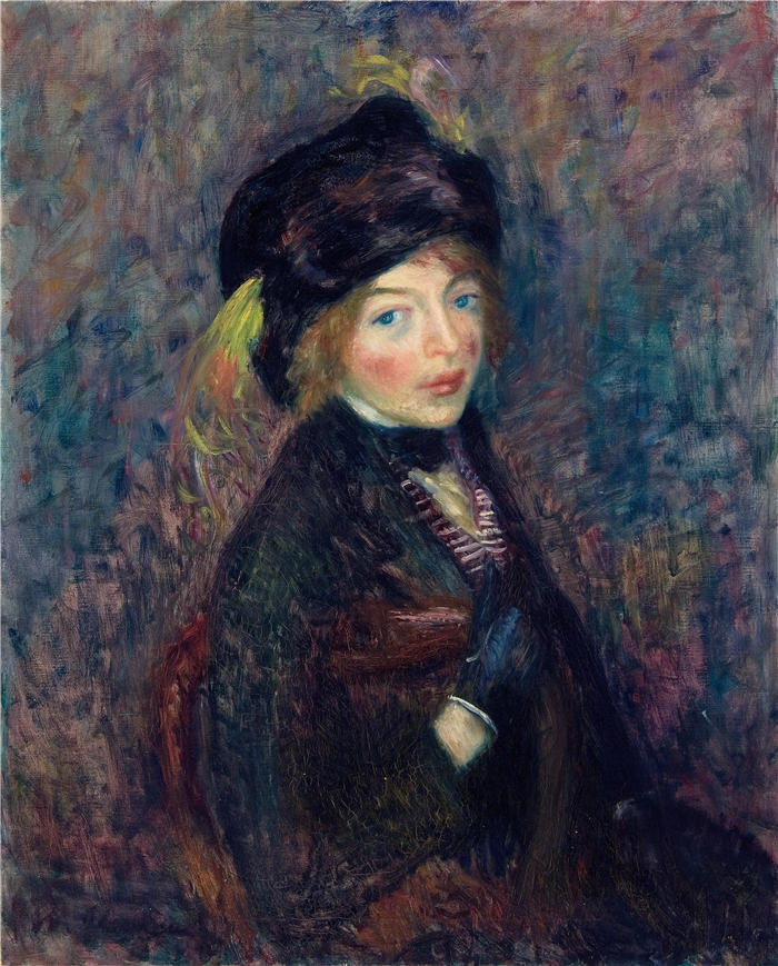 威廉·格拉肯斯（William Glackens，美国画家 ）高清作品-《女孩头，头巾羽毛（约 1912 年）》