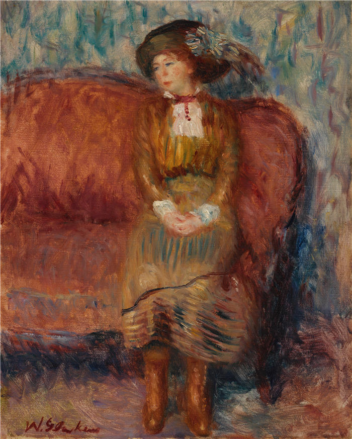 威廉·格拉肯斯（William Glackens，美国画家 ）高清作品-《坐在红色沙发上的女人（c. 1912–1913）》