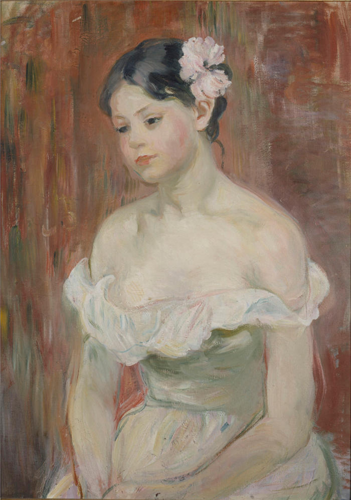 贝特·莫里索（Berthe Morisot，法国画家）高清作品 -《尤恩乳沟女孩，头发上的花（1893年）》_1