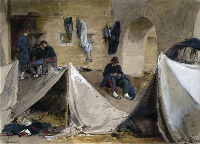 伊西多尔·皮尔斯（Isidore Pils，法国画家）高清作品-1870年，在奥特伊尔高架桥下建立了布雷顿机动营地。（1870年）