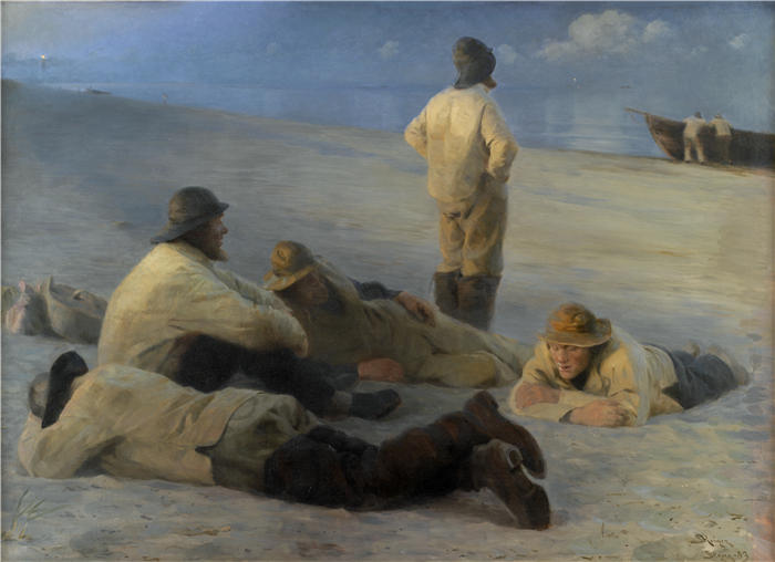 佩德·瑟夫林·柯罗耶(Peder Severin Kroyer,丹麦画家)高清作品-《斯卡恩海滩的渔民(1883 年)》