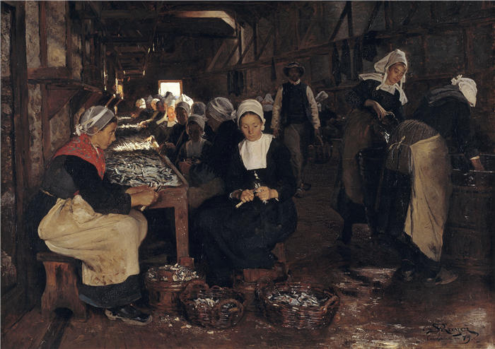 佩德·瑟夫林·柯罗耶(Peder Severin Kroyer,丹麦画家)高清作品-《康卡尔诺的沙丁鱼罐头厂(1879 年)》