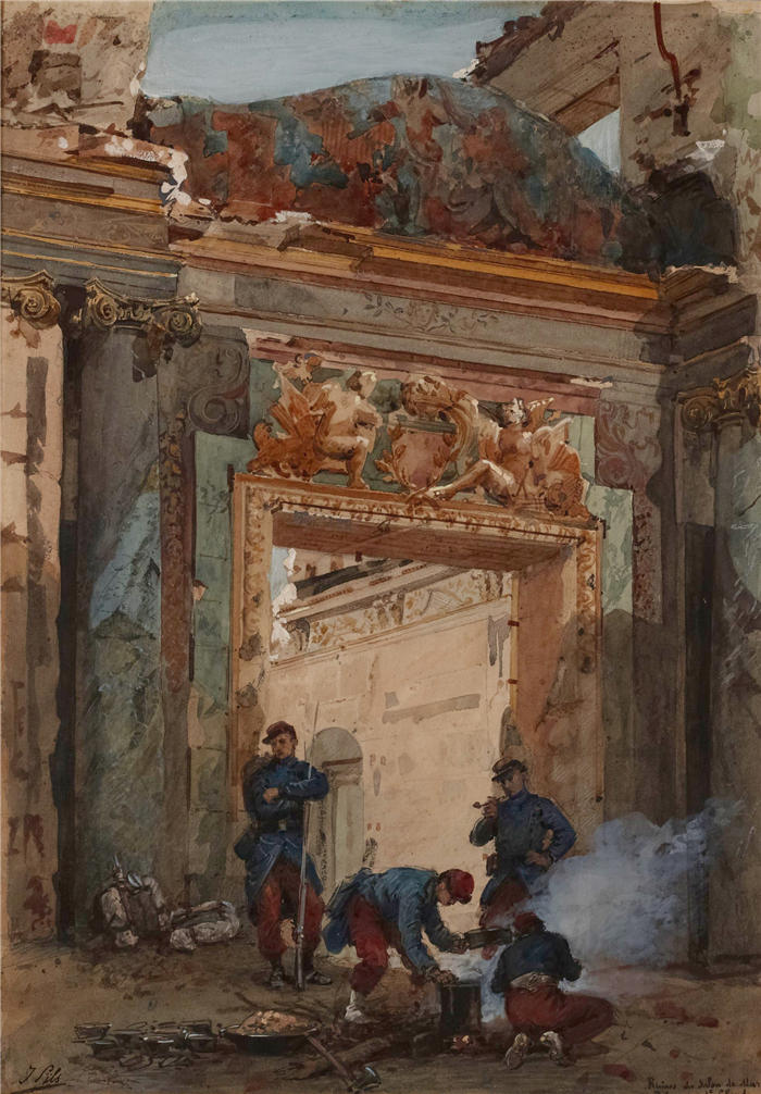 伊西多尔·皮尔斯（Isidore Pils，法国画家）高清作品-1871年在圣克劳德宫举行的火星沙龙废墟。（1871年）