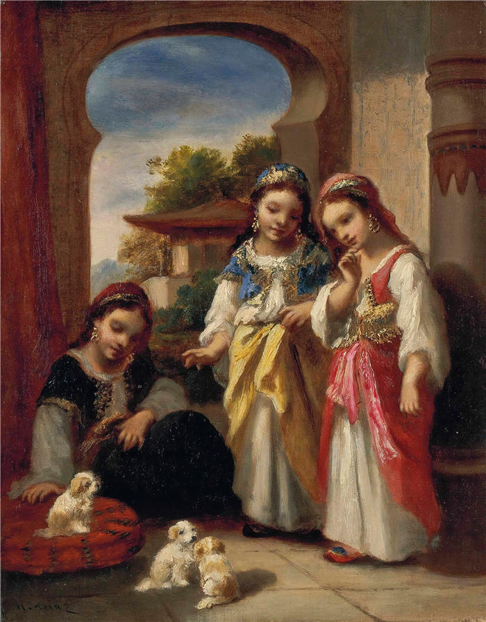 纳西斯·迪亚兹·德·拉·佩纳（Narcisse-Virgile Diaz de la Peña，法国画家）作品-《土耳其的三个女孩和三只小狗》