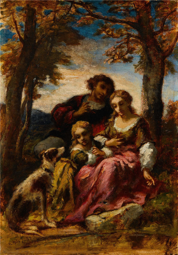 纳西斯·迪亚兹·德·拉·佩纳（Narcisse-Virgile Diaz de la Peña，法国画家）作品-《风景中的人物和狗（1852 年）》