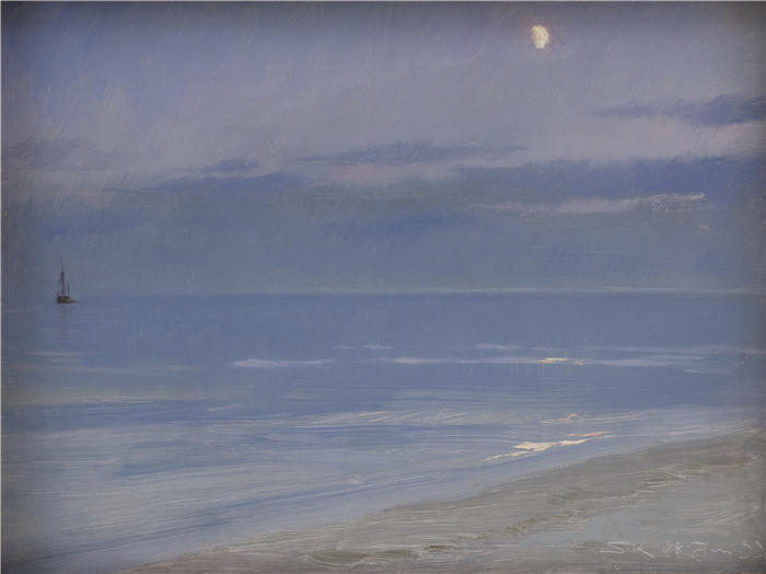 佩德·瑟夫林·柯罗耶（Peder Severin Kroyer，丹麦画家）高清作品-《月光下的斯卡恩海滩 (1899)》