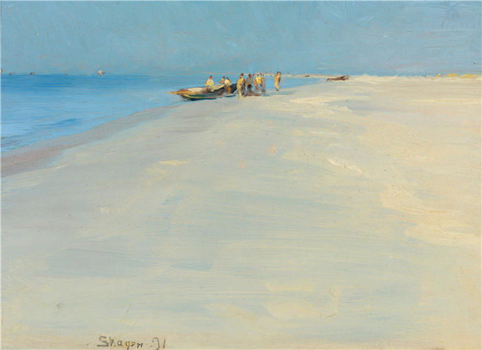 佩德·瑟夫林·柯罗耶(Peder Severin Kroyer,丹麦画家)高清作品-《斯卡恩海滩上的渔民(1891 年)》