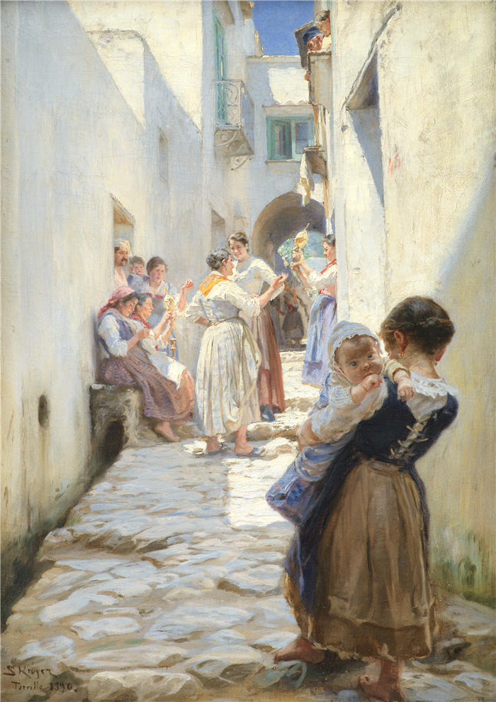 佩德·瑟夫林·柯罗耶（Peder Severin Kroyer，丹麦画家）高清作品-《意大利托雷洛的一条街（1890 年）》