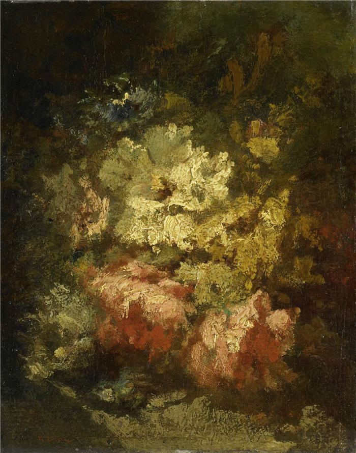 纳西斯·迪亚兹·德·拉·佩纳（Narcisse-Virgile Diaz de la Peña，法国画家）作品-《静物与白玫瑰和红玫瑰 (1860 - 1876)》