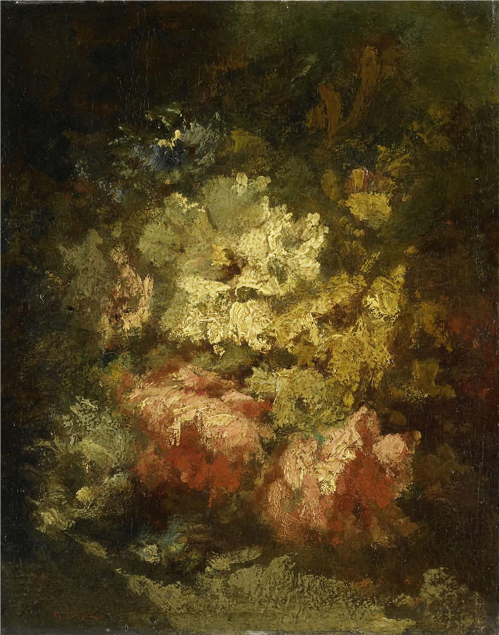 纳西斯·迪亚兹·德·拉·佩纳(Narcisse-Virgile Diaz de la Peña,法国画家)作品-《静物与白玫瑰和红玫瑰 (1860 - 1876)》