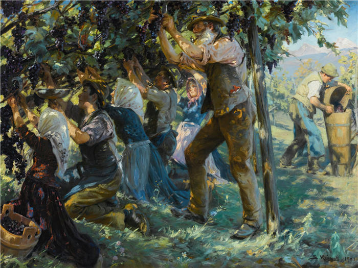 佩德·瑟夫林·柯罗耶（Peder Severin Kroyer，丹麦画家）高清作品-《蒂罗尔的葡萄酒收获 (1901)》