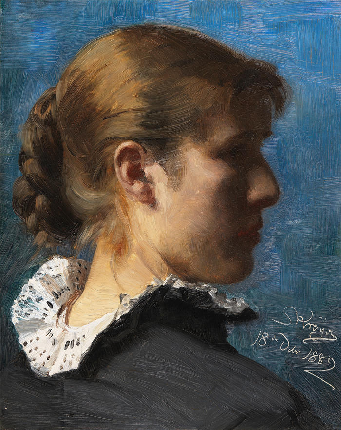 佩德·瑟夫林·柯罗耶（Peder Severin Kroyer，丹麦画家）高清作品-《侧面的年轻女子肖像（1882 年）》