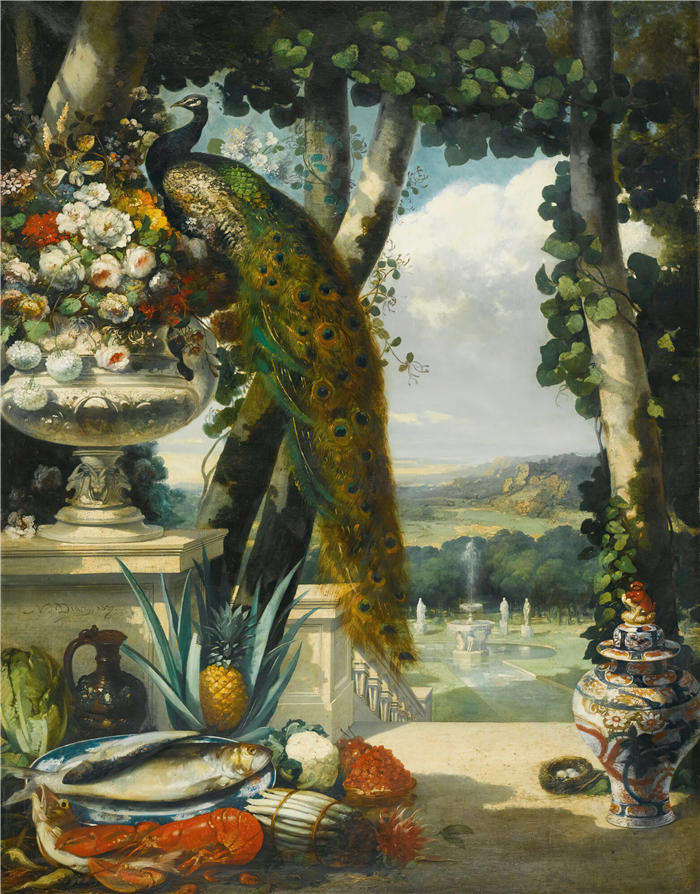 纳西斯·迪亚兹·德·拉·佩纳（Narcisse-Virgile Diaz de la Peña，法国画家）作品-《孔雀、鲜花、水果和日本花瓶的静物画》