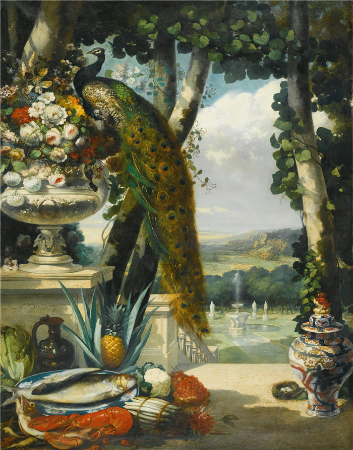 纳西斯·迪亚兹·德·拉·佩纳(Narcisse-Virgile Diaz de la Peña,法国画家)作品-《孔雀、鲜花、水果和日本花瓶的静物画》