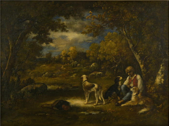 纳西斯·迪亚兹·德·拉·佩纳（Narcisse-Virgile Diaz de la Peña，法国画家）作品-《男孩和他的狗在树林里 (76)》