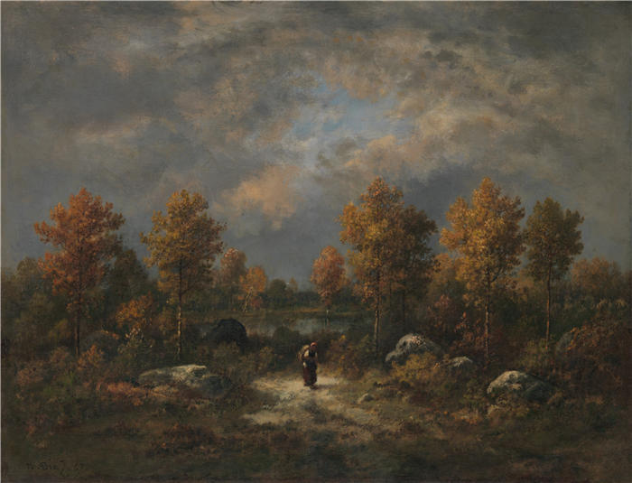 纳西斯·迪亚兹·德·拉·佩纳（Narcisse-Virgile Diaz de la Peña，法国画家）作品-《秋天; 林地池塘 (1867)》