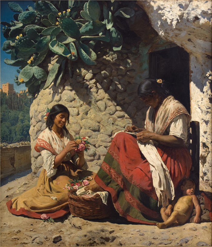 佩德·瑟夫林·柯罗耶(Peder Severin Kroyer,丹麦画家)高清作品-《两个吉普赛妇女在他们的小屋外。西班牙 (1878)》
