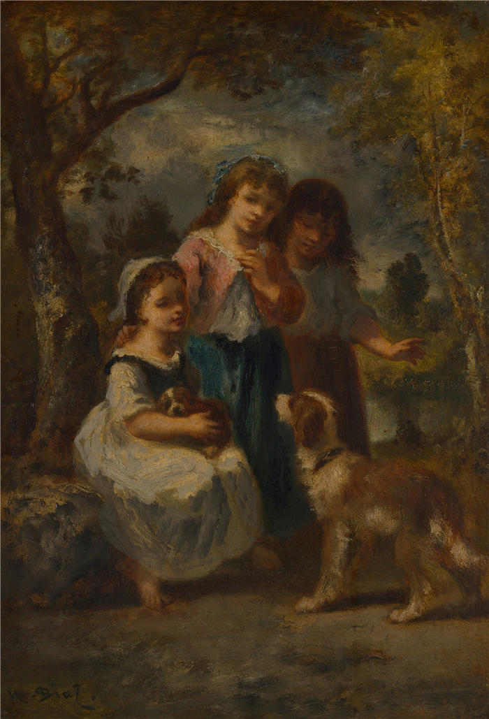 纳西斯·迪亚兹·德·拉·佩纳（Narcisse-Virgile Diaz de la Peña，法国画家）作品-《三个小女孩（约 1870 年）》