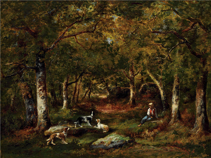 纳西斯·迪亚兹·德·拉·佩纳（Narcisse-Virgile Diaz de la Peña，法国画家）作品-《森林中的儿童和猎犬（1855）》