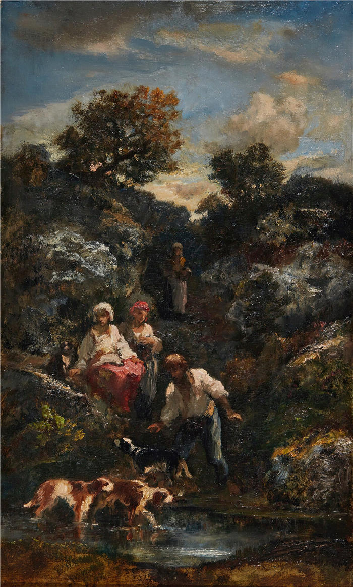纳西斯·迪亚兹·德·拉·佩纳（Narcisse-Virgile Diaz de la Peña，法国画家）作品-《四个波希米亚人和狗，一个岩石边的池塘》