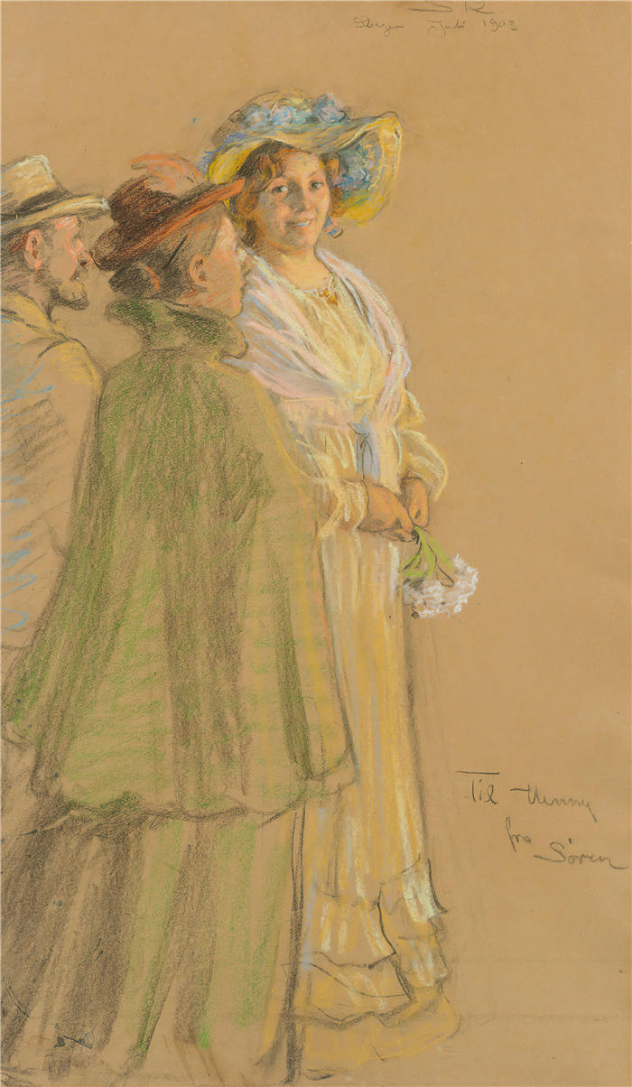 佩德·瑟夫林·柯罗耶（Peder Severin Kroyer，丹麦画家）高清作品-《邮政局长 Schrøder、Anna Ancher 和 Henny Brodersen》