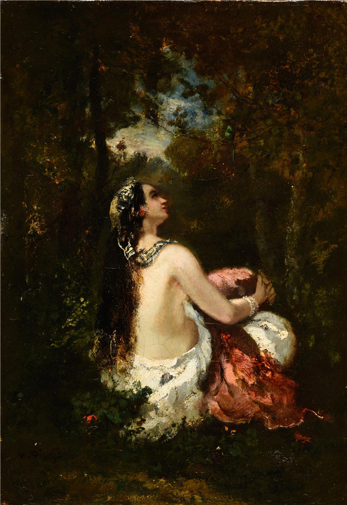 纳西斯·迪亚兹·德·拉·佩纳（Narcisse-Virgile Diaz de la Peña，法国画家）作品-《有鹦鹉的女人》