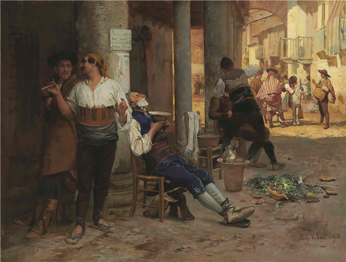 杰汉·乔治·维伯特(Jehan Georges Vibert ,法国画家)高清作品-《Barbier 救护车,西班牙 (1868)》