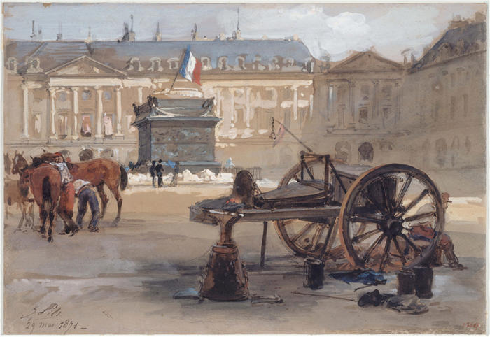 伊西多尔·皮尔斯（Isidore Pils，法国画家）高清作品-柱翻转后的Vendome广场。（1871年）